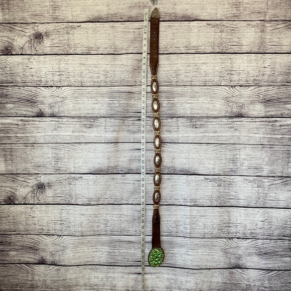 Green Rinestone Y2K Vintage Swarovski Crystal Western Leather Belt Size 36 - Picture 11 of 13